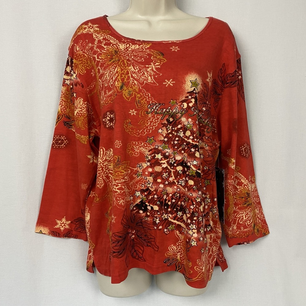 Jane Ashley Top Womens XL Red Christmas Tree Embellished Boho Holiday Artsy